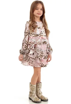 

Full Sleeve Girls Dress Silk Chiffon Brand Kids Dresses with Leopard Print Lace New Arrival Spring Summer Christmas Dress