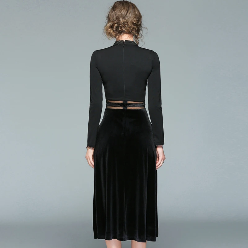 Robe Sexy Perspective Gauze Patchwork Velvet Dress Winter Dresses Women 2018 Black Office Chinese Dress Tunique Femme K8927