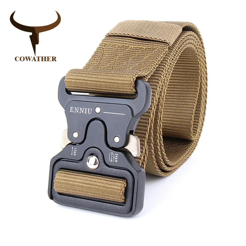 COWATHER nylon belt luxury men belts military outdoor tactical male strap jeans waistband new belt for men fashion metal buckle - Color: NY005 Brown