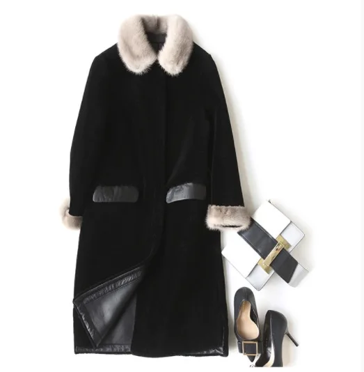 

women's winter real wool with wool fur inside warm jacket coat lady Long coat jacket overcoat 17965