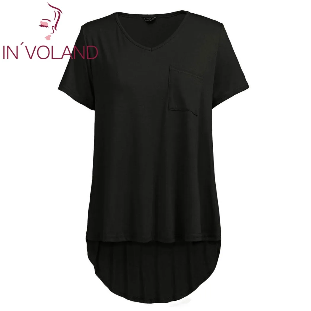 

IN'VOLAND Women T-Shirt Tops Plus Size L-4XL Solid V-Neck Short Sleeve Pokcet Asymmetrical Large Pullovers Tees Tshirt Big Size
