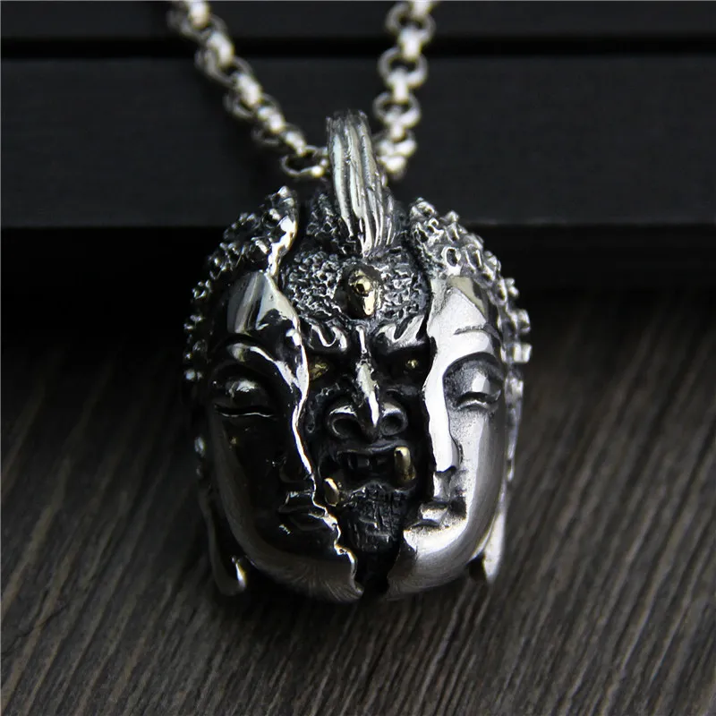 

C&R Real 925 Sterling Silver Pendant Necklace Retro Men's Personal Asymmetric Face Thai Silver Pendant Fine Jewelry