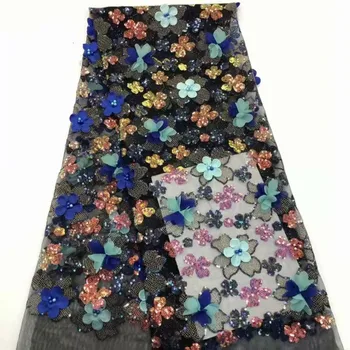 

2018 High Quality French 3D Tulle Beaded African Lace Fabric Sequins Embroidered Nigerian Lace Fabrics For Wowen Dress 2019