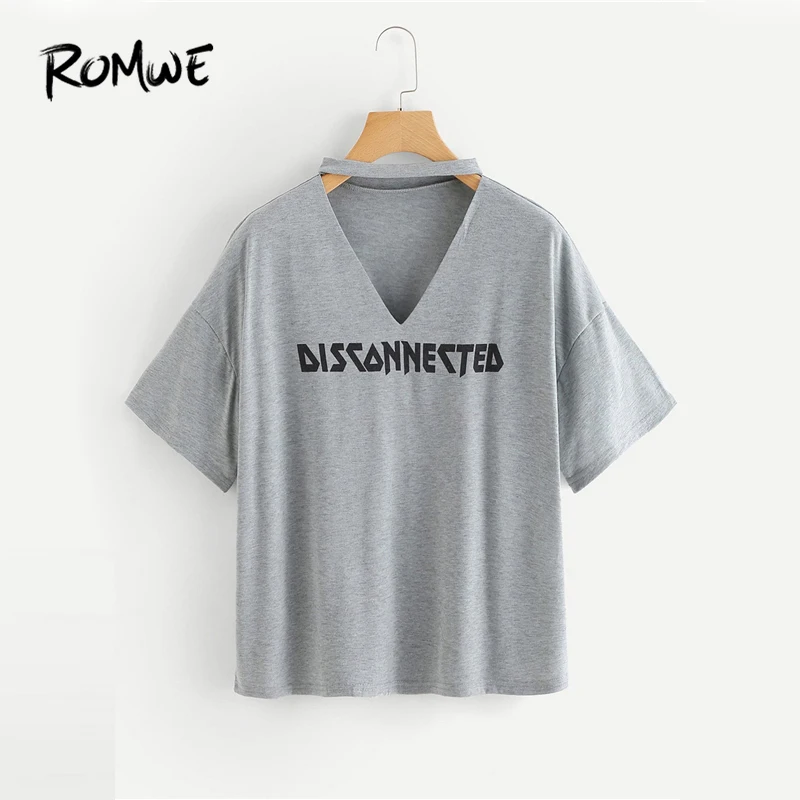 

ROMWE Letter Print Choker Neck Tee 2019 New Design Grey V Neck Short Sleeve Graphic Tees Tops Women Summer Chic Shirt