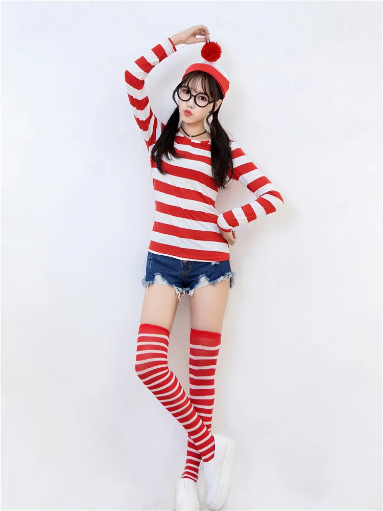 Vocole Wally обувь для девочек полосатый комплект рубашка в шляпе и очках и чулки женщин Waldo косплэй костюм размеры S-2XL