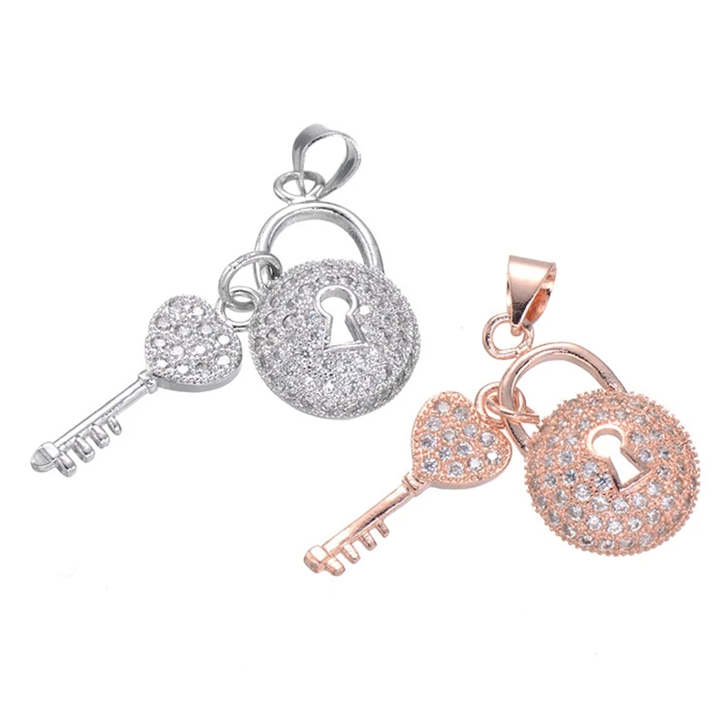 

Jewelry Making Supplies Fashion Women Accessories Micro Pave Zircon Rhinestone Copper Key and Lock Pendants For Necklace Making