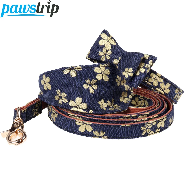 

pawstrip Golden Flower Bow Dog Collar Leash 0.5inch Width Soft Leather Dog Leash Bandana Lead For Small Puppy