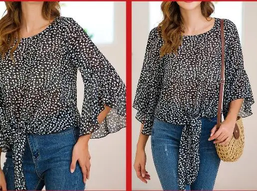 round neck Chiffon Blouse Long Sleeve Women Blouse Korean Elegant Lady Shirt Printed Strapless Lotus Leaf Chiffon Shirt For Wome