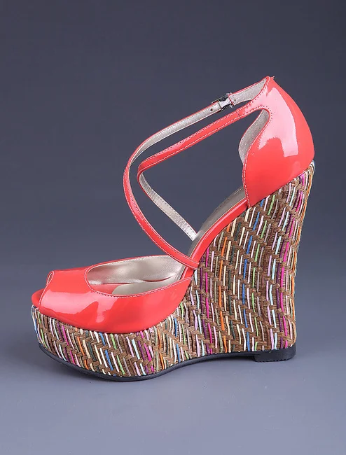 

Red Summer Style Women Shoes New Arrive Sandals Wedges Cheap Modest Buckle Strap Criss Cross Plus Size Real Image Sexy