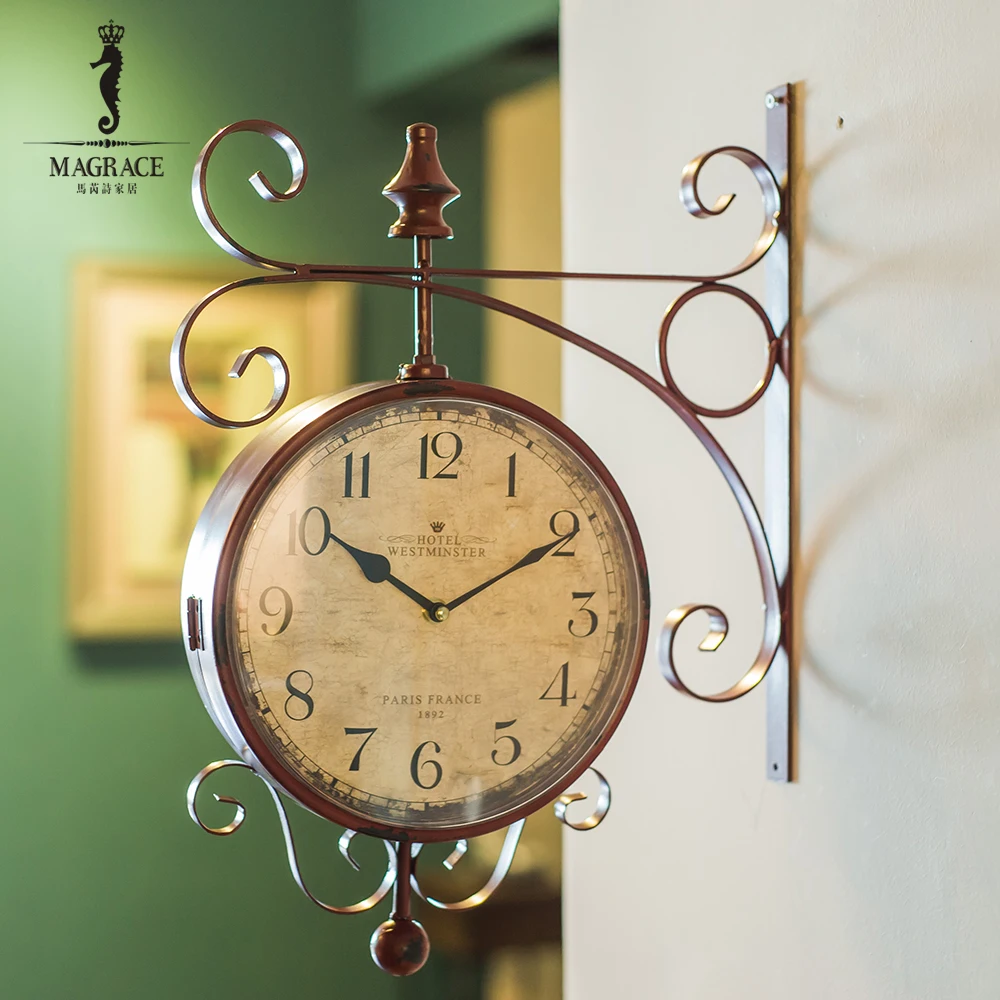 Magrace Free Shipping 2016 Fashion Rotating Rustic Wrought Iron Double Face Wall Clock Vintage