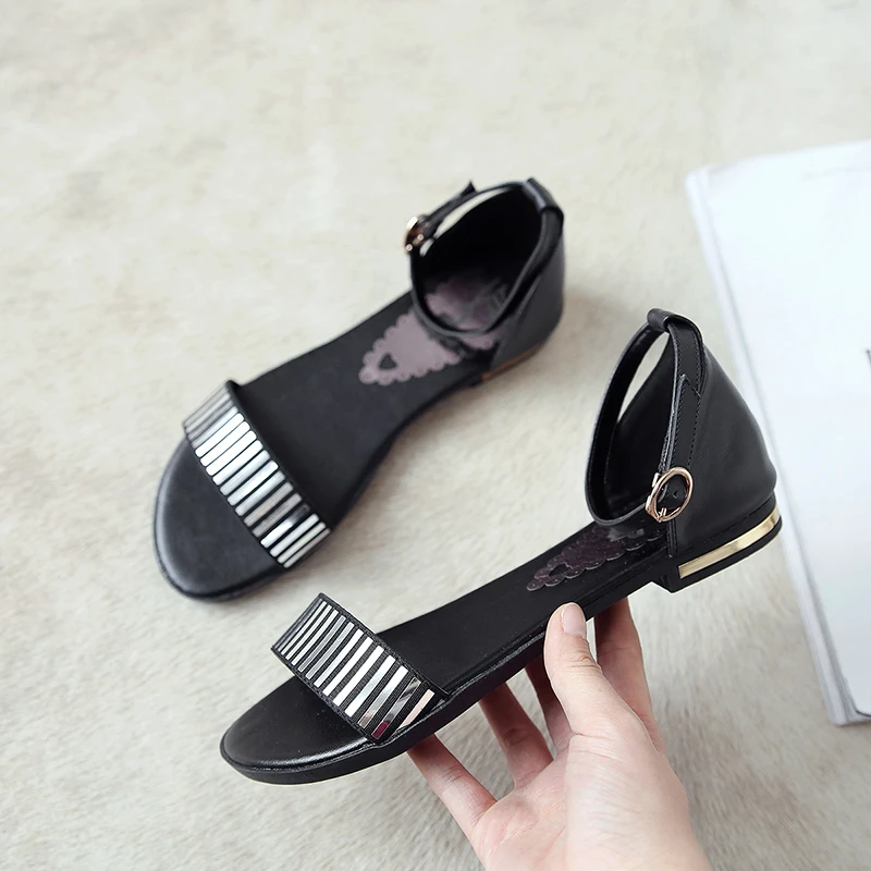 

Women Sandals Genuine Leather Flat With Bling Ankle Wrap Buckle Strap High Quality Hand Made New Women's Summer Shoes SS013