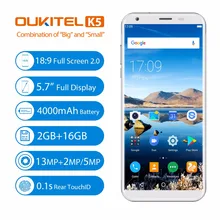 Oukitel K5 5.7 “18:9 полный Экран Смартфон Android 7.0 2 ГБ 16 ГБ 4000 мАч mt6737t 4 ядра 8MP двойной cam отпечатков пальцев мобильный телефон