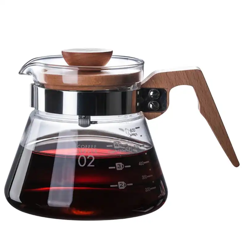 WOVELOT 600Ml Glass Coffee Pots Decanter Carafe High Borosilicate Glass Hand Coffee Pot High Temperature Resistant Wooden Handle Glass Coffee Pot Filter
