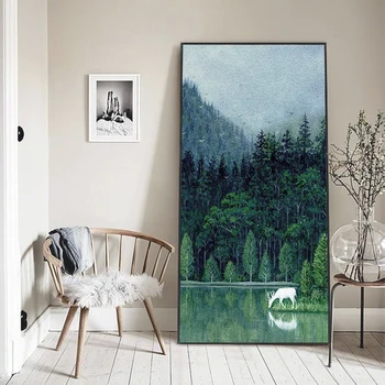

Elegant Poetry Green Forest Xianlu Lake Deer Drink Water Scenery Canvas Painting Print Poster Picture Art Wall Home Decoration