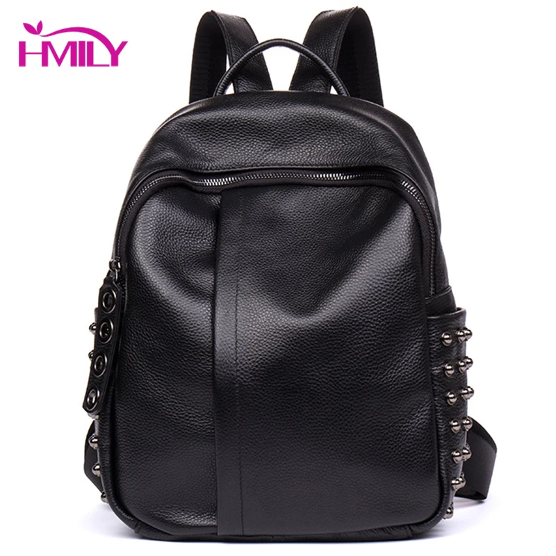 

HMILY Genuine Leather Women Backpack Large Capacity Shoulder Bag Real Leather Female Bag Fashion Daily Travel Bag Balck Trendy