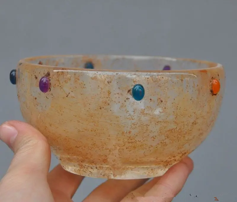 12 cm */ Rare Old Tibet Buddhism Temple crystal Carving Reliquary bowl