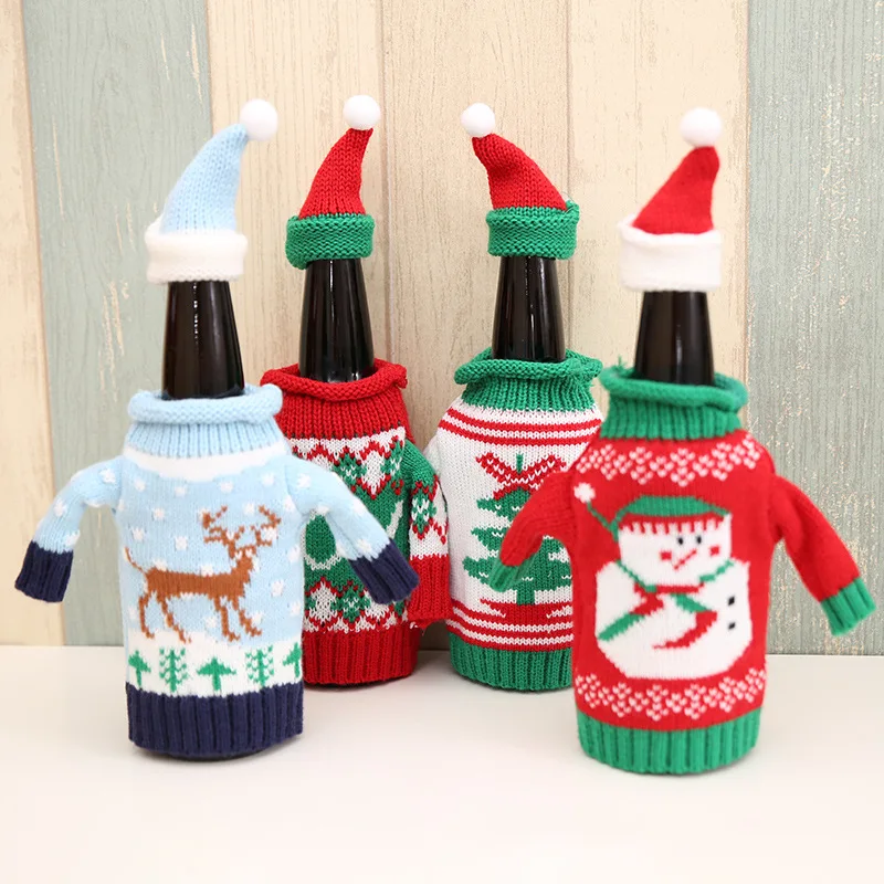 

2pcs/set Christmas Decorations Wine Bottle Sweater Cover Bag Santa Claus Knitting Hats for New Year Xmas Home Dinner Party Decor