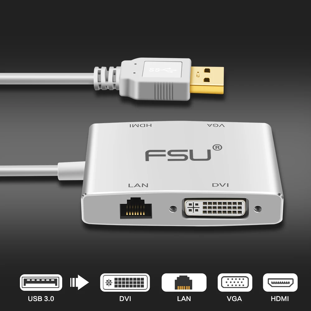 

FSU 4 in 1 USB 3.0 to HDMI VGA DVI RJ45 10/100 Gigabit Ethernet Lan Adapter Cable for Notebook