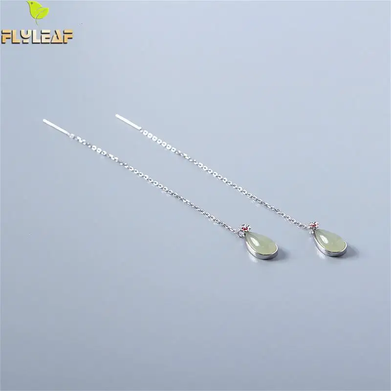 

Flyleaf Drop Shape Nature Jade Flower Ear Line Earrings For Women Real 925 Sterling Silver Fine Jewelry Earings Fashion Jewelry
