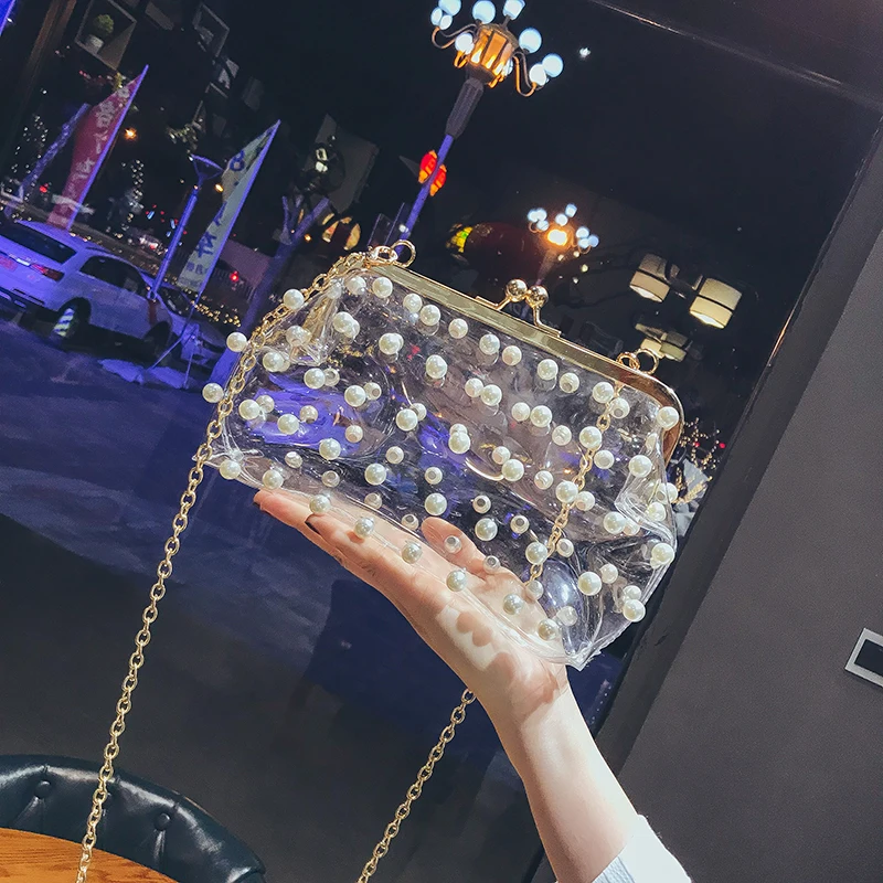 

Women's Designer Handbag 2018 Summer Fashion Handbag Pearl Transparent Lady Chain Shoulder Bag High quality Elegant Female bags