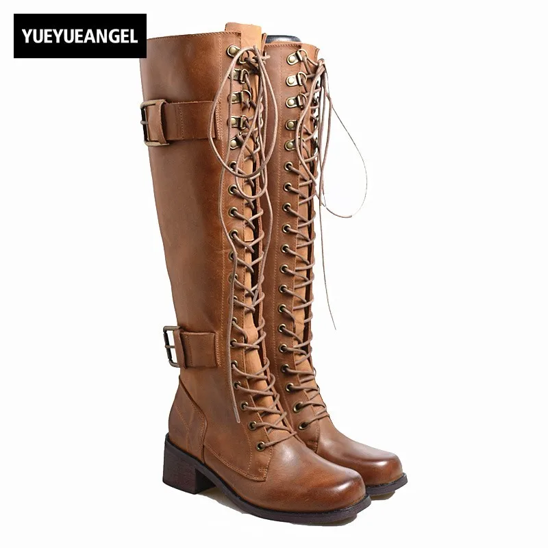 brown lace up thigh high boots