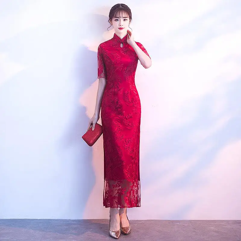 Зима новая невеста русалка длинное Ципао китайское винтажное платье женские свадебные вечерние платья Qipao Vestidos Размер s-xxxl - Цвет: Burgundy 2
