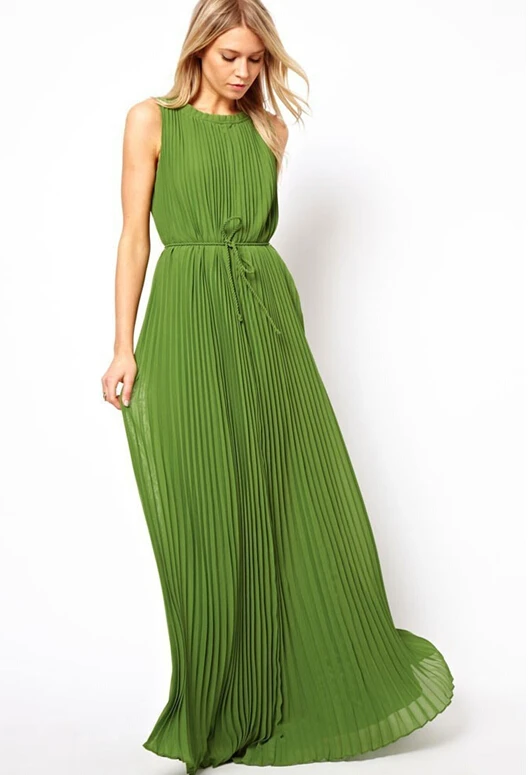

Free Shipping Hot Sale Western Style Fashion Round Collar Off Shoulder Chiffon Pleated Long Dress Green