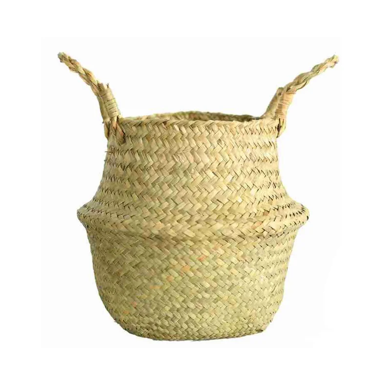 Garden Plant Flower Pot Handmade Rattan Storage Basket Foldable Seagrass Straw Hanging Woven Handle Toy Storage Container 1Pc