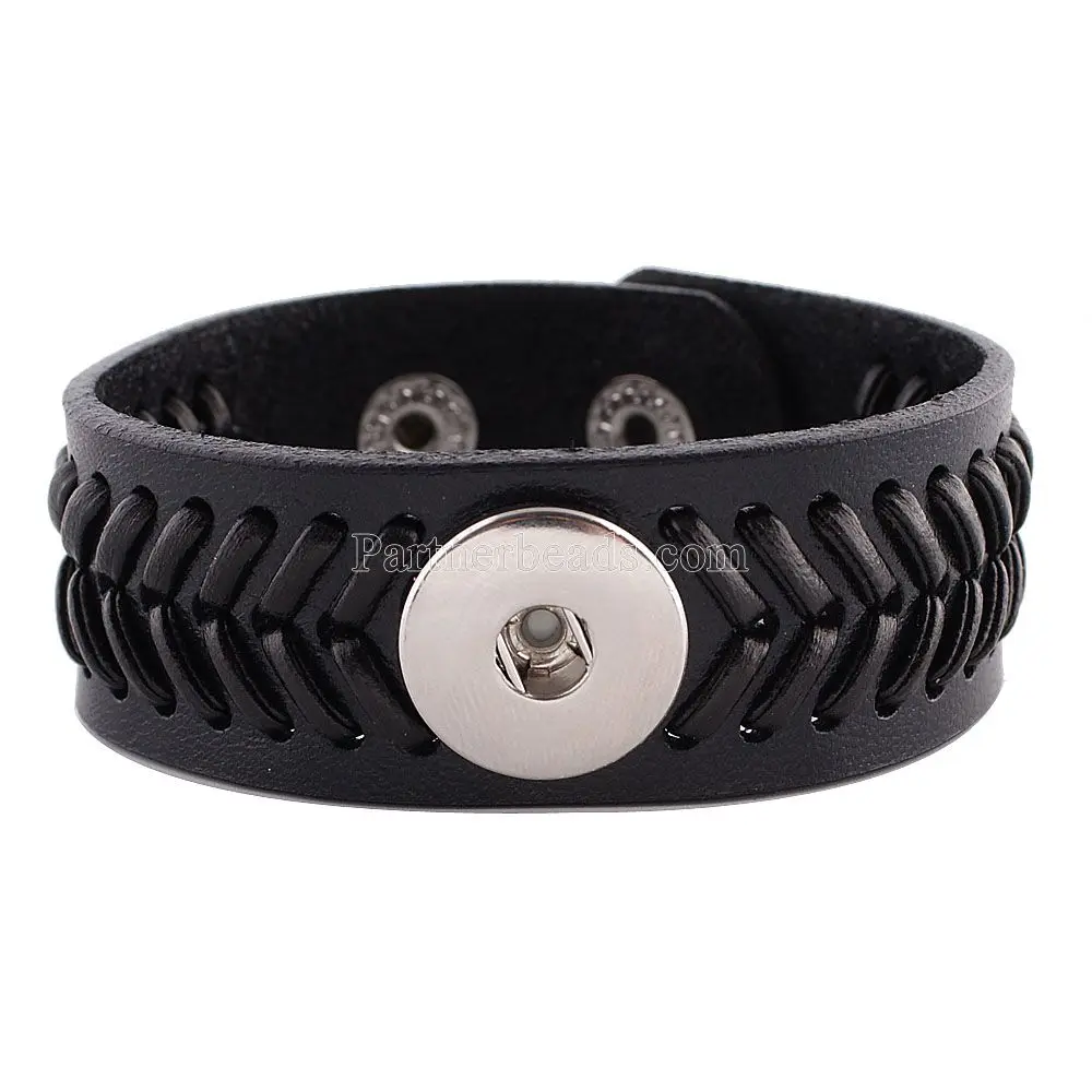 

2015 Jewelry New Leather Charm Bracelets Fit Ginger Snaps Snap Buttons Black Snaps Bracelet 22cm Free Shipping KB0828-B