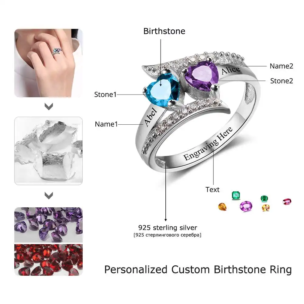 Кольца для пары изготовленный на заказ камень кольцо Выгравируйте имя 925 пробы серебра в виде сердца, для влюбленных, кольца индивидуальный подарок(JewelOra RI102499