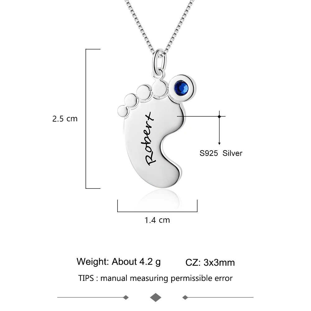 Персонализированные детские ноги кулон ожерелье Пользовательское имя и камень рождения 925 пробы Серебряное ожерелье для мамы(JewelOra NE102376