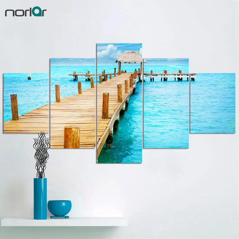 

A 5 Panel Seaview Sunset and Wooden Trestle Picture Painting on Canvas for Wall Art Home Decoration Living Room No frame