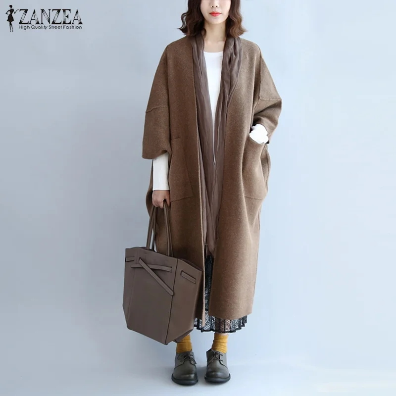 ZANZEA зимняя верхняя одежда больших размеров, женские длинные шерстяные пальто, Женский Тренч с v-образным вырезом, шерстяное пальто, осеннее пальто с длинным рукавом