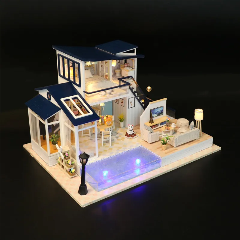 Doll House DIY Real Wood Miniatures Furniture Kit Villa Loft Pool Dollhouse Gift