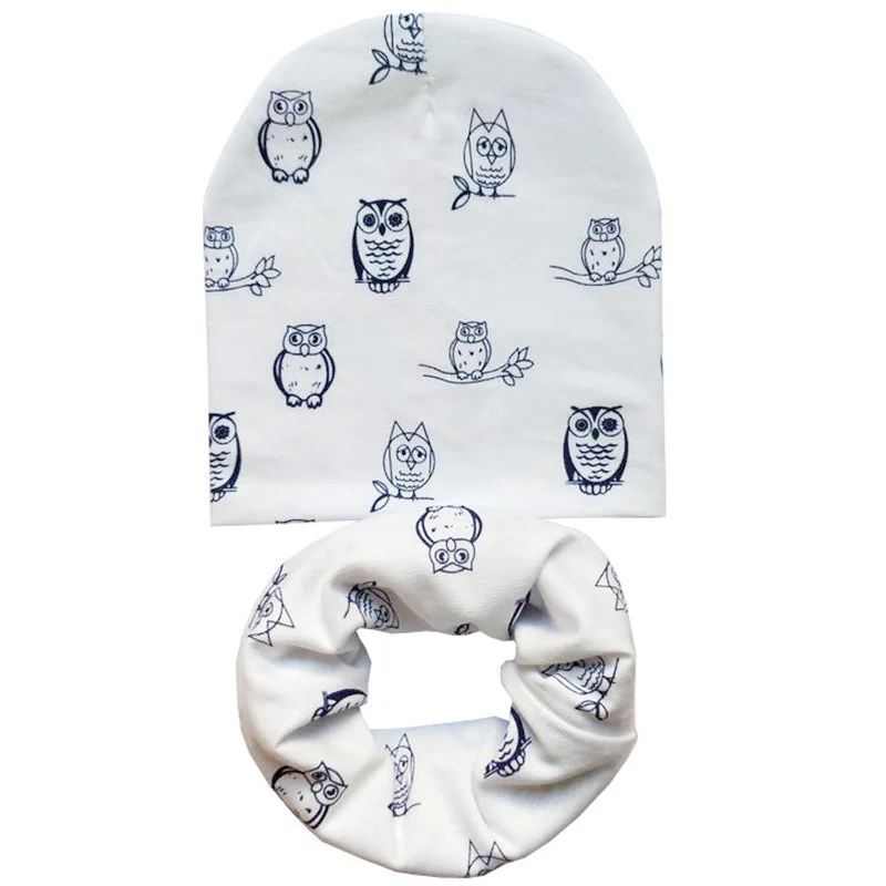 White Owl Set Новая осенне-зимняя детская шапка, комплект для мальчиков и девочек, шарф на шею, весенний теплый шейный платок, детские вязаные шапки, комплекты, хлопковая детская шапка, шарф - Цвет: White Owl Set