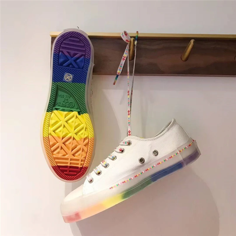 

White Woman Canvas shoes Low Top Fashion Trend Female lace up walking Sneakers Outdoor student Rainbow bottom 2019 Autumn
