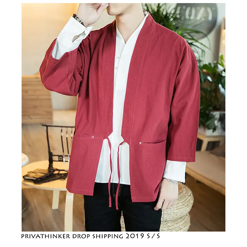 

Dropshipping Men Vintage Cotton Kimono 2019 Mens Streetwear Belt Kimono Shirts Summer Male Korean Fashion Open Stitch Plus Size
