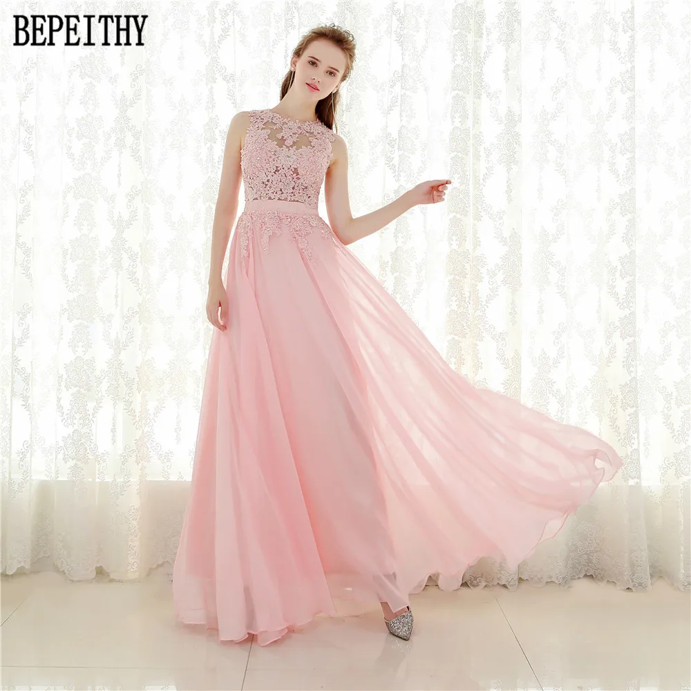 

BEPEITHY Robe De Soiree A line Pink Chiffon Long Evening Dress Party Elegant Sheer Back Real Photo Sleeveless Prom Gown 2019