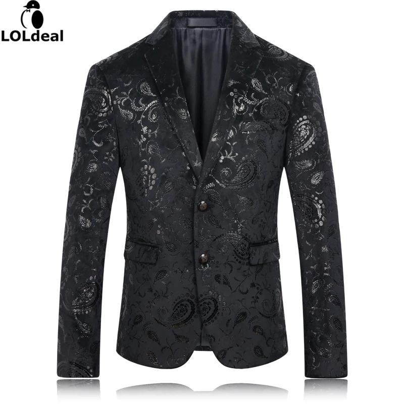 

Loldeal Black Blazer Men Paisley Floral Pattern Wedding Suit Jacket Slim Fit Stylish Costumes Stage Wear For Singer Mens Blazers