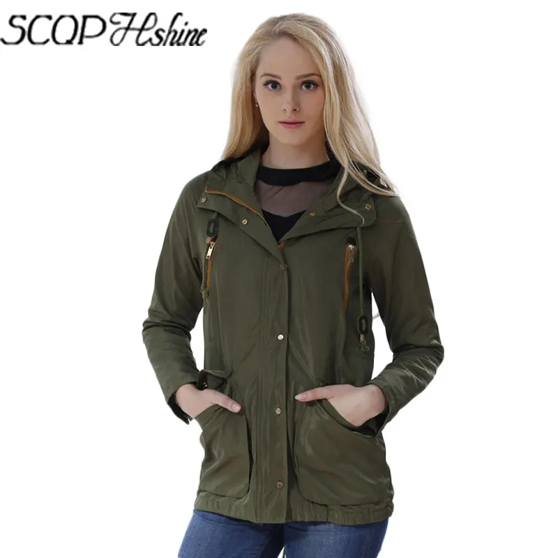 Women Army Green Jacket Zippers Casual Slim Split Women's