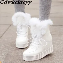 Белые зимние ботинки с круглым носком из натурального кроличьего меха; женские ботинки для отдыха на толстой подошве, увеличивающие рост; размеры 34-43