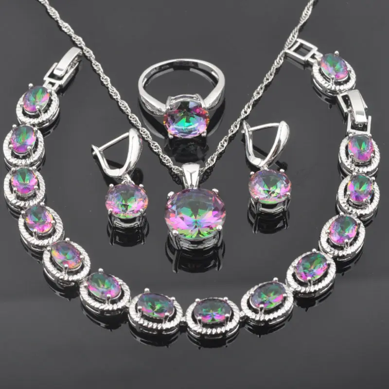 

FAHOYO Multicolor Rainbow Zircon 925 Sterling Silver For Women Jewelry Sets Bracelet Necklace Pendant Earrings Ring QS0368