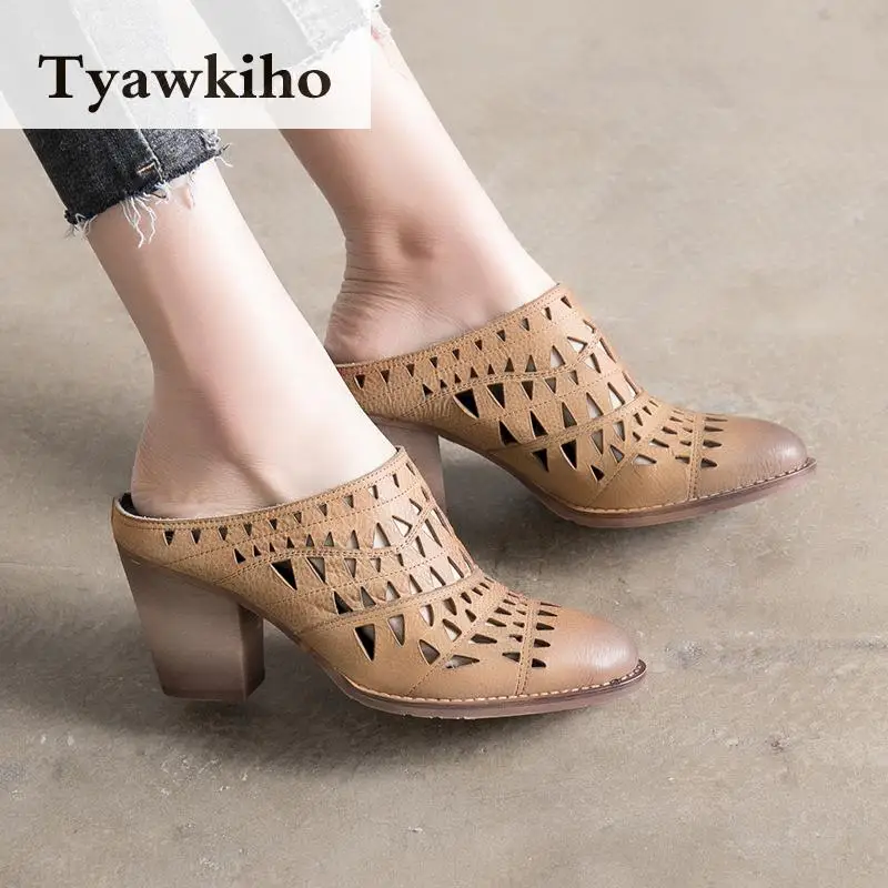 

Tyawkiho Genuine Leather Women Mules Slippers Hollow Out Summer Shoes Pointed Toe 8 CM High Heels Women Leather Slipper Handmade