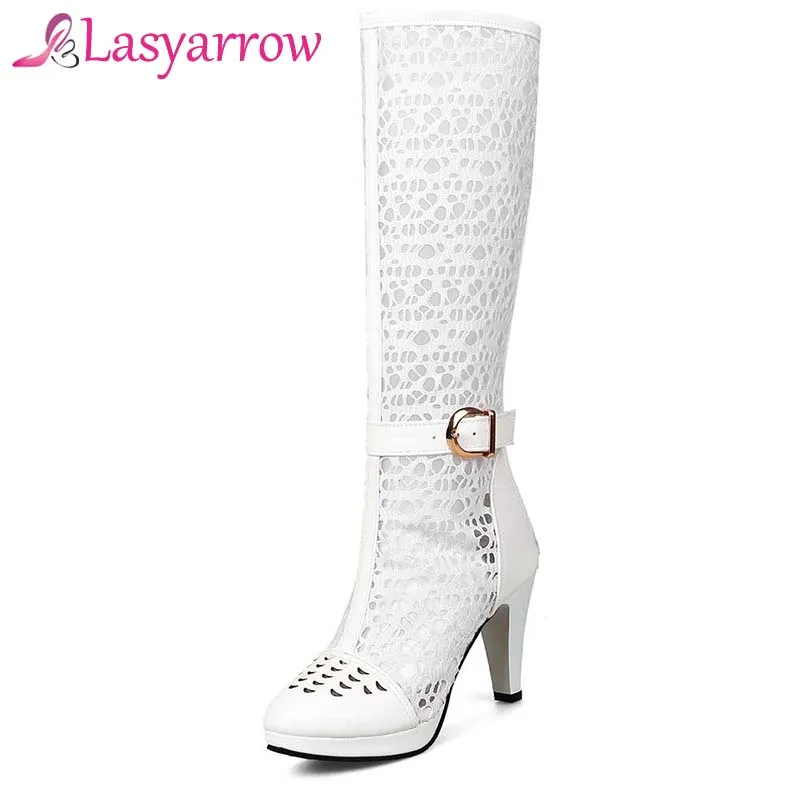 

Lasyarrow Knee High Women Sandals 2018 Summer Sexy Women Shoes Thick High Heel Zip Open Breathable Footwear Black White RM732