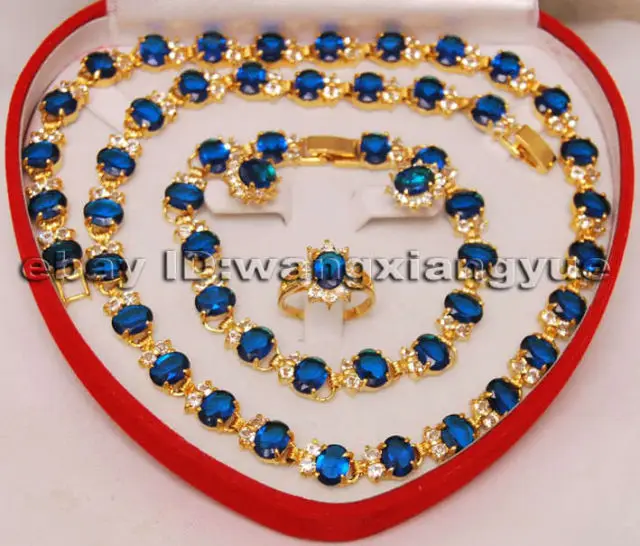 

Hot selling> Free shipping Fashion Blue Inlay Link Bracelet earrings Ring Necklace Set (A0425) -Bride jewelry free shipping
