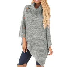 women's sweater Knit Turtle Neck Poncho with Button Irregular Hem Pullover Sweaters Women pull femme ropa mujer invierno