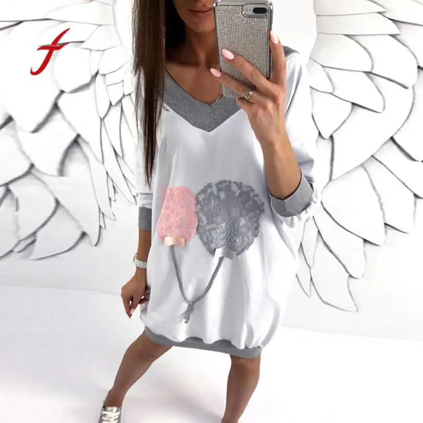 

feitong Women Kawaii Sweet Pink balloon V-Neck Sweatshirt Loose Tops Clothes Girls Splice Patchwork Spring Fall Summer Clothes
