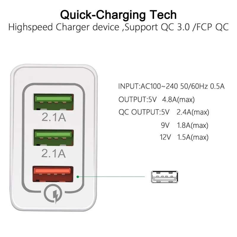 EU Plug 3USB выходное зарядное устройство для iPhone/vivo X21/Samsung S10 S9/Huawei P20 P30 nova Mate20/OPPO R17