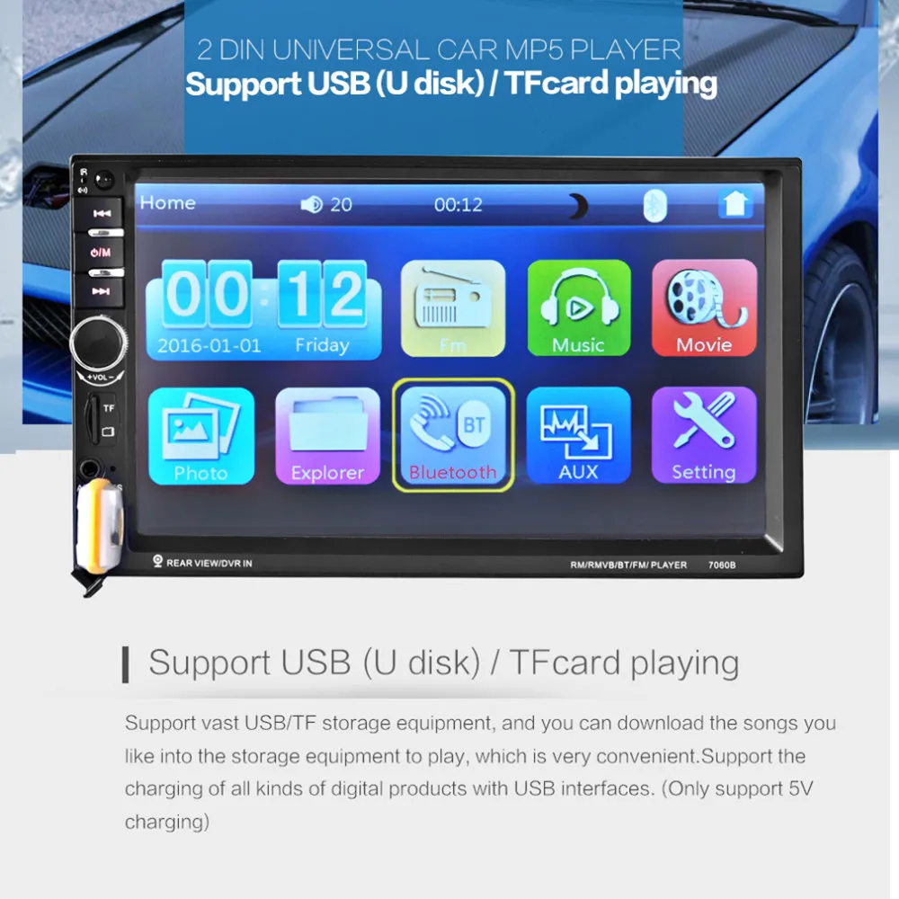 Лидер продаж 2017 года 7060B 7 дюймов Bluetooth транспорт автомобиль машина MP5 видео плеер в Сенсорный экран Поддержка MP3 USB TF AUX FM и удаленного