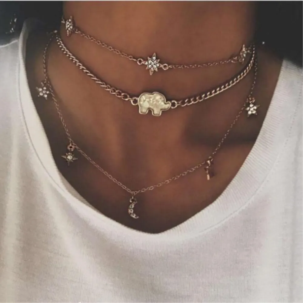 

Multi-Layered Necklace Moon Stars Elephant Pendant Necklace Female Clavicle Chain Pendants 8ND375